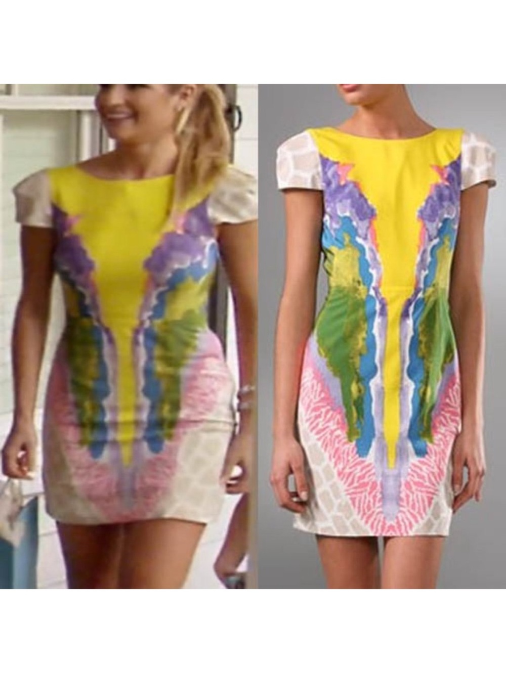 Tibi Yellow Multicolor Printed Cap-Sleeve Mini Dress